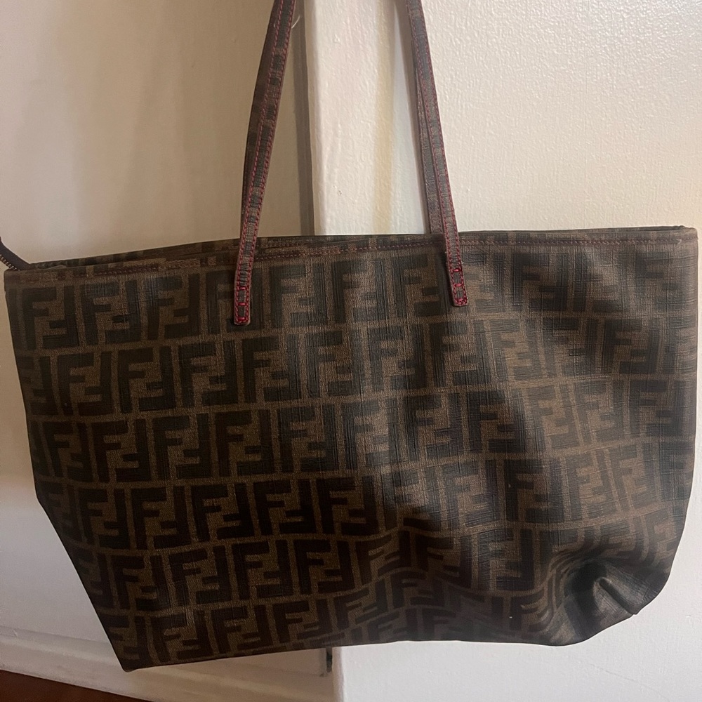 Fendi Brown FF Logo Canvas Tote with Dark Brown Trim